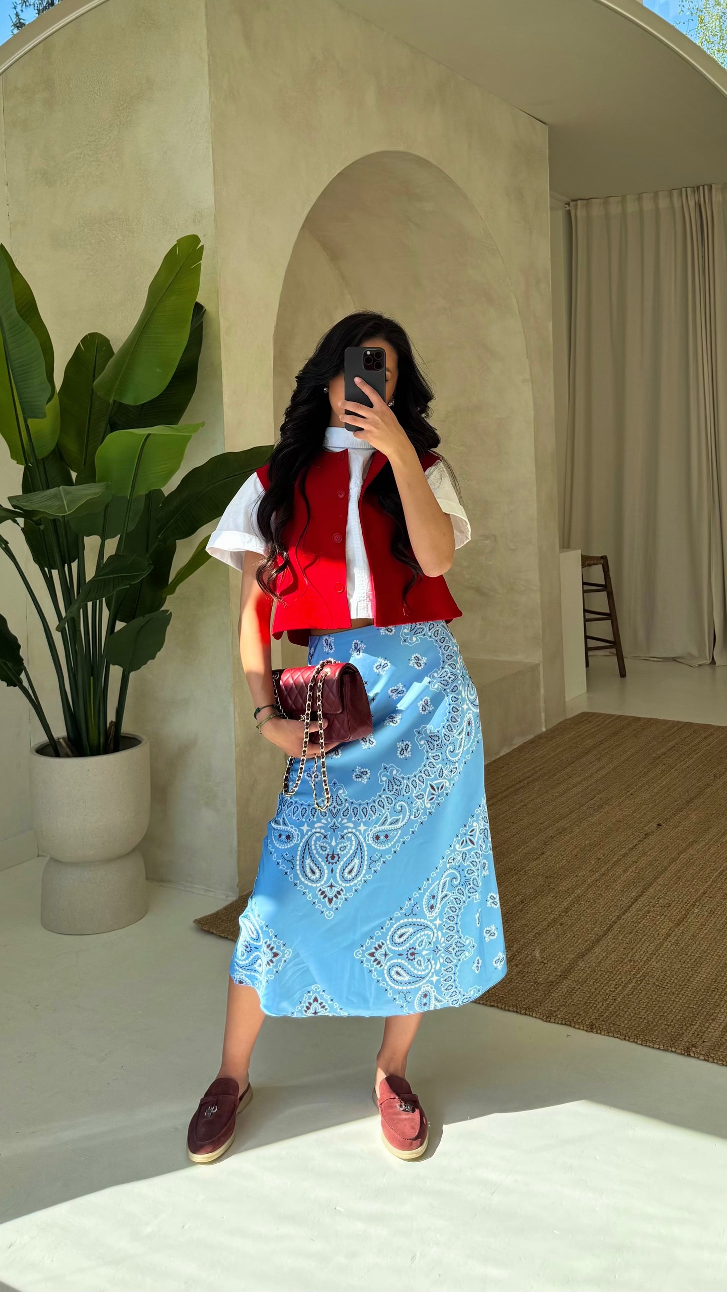 Blue Bandana Satin Midi Skirt