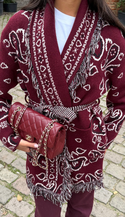 Burgundy Bandana Jacquard Cardigan