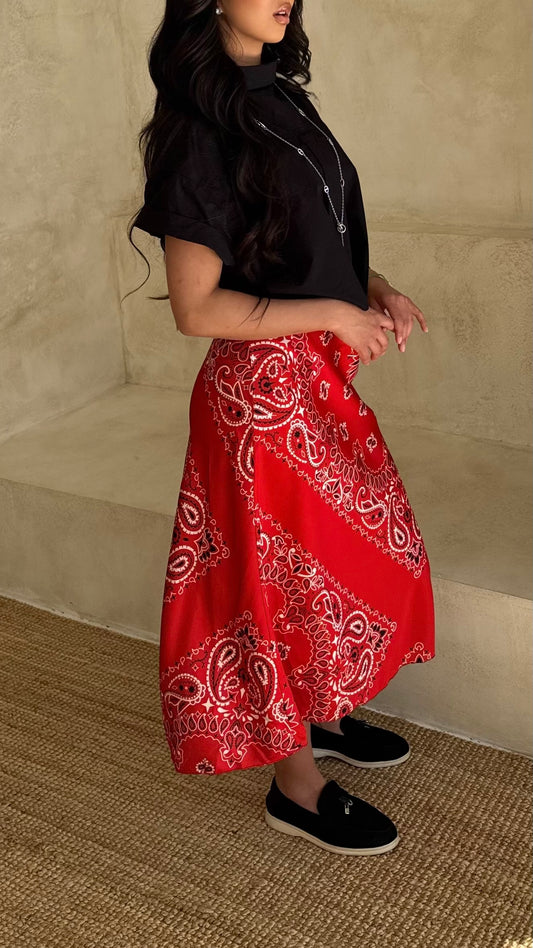 Red Bandana Satin Midi Skirt