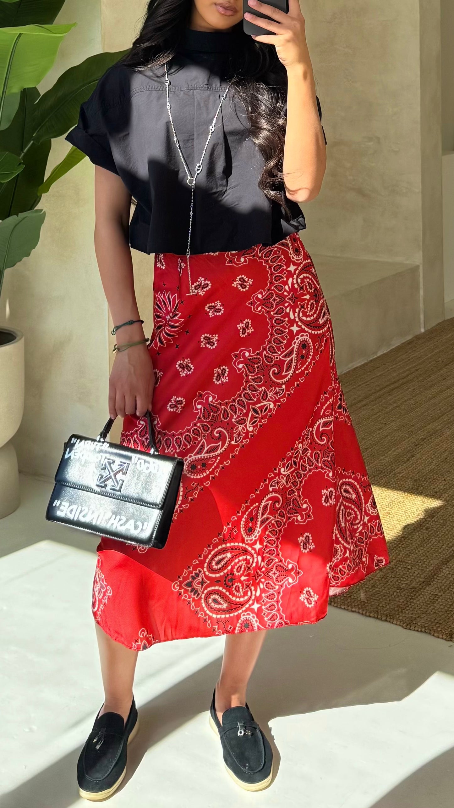 Red Bandana Satin Midi Skirt