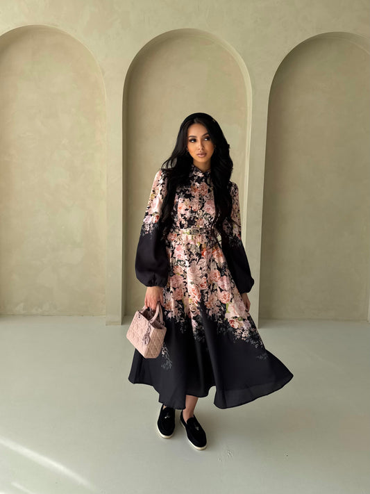 Midnight Blossom Midi Dress