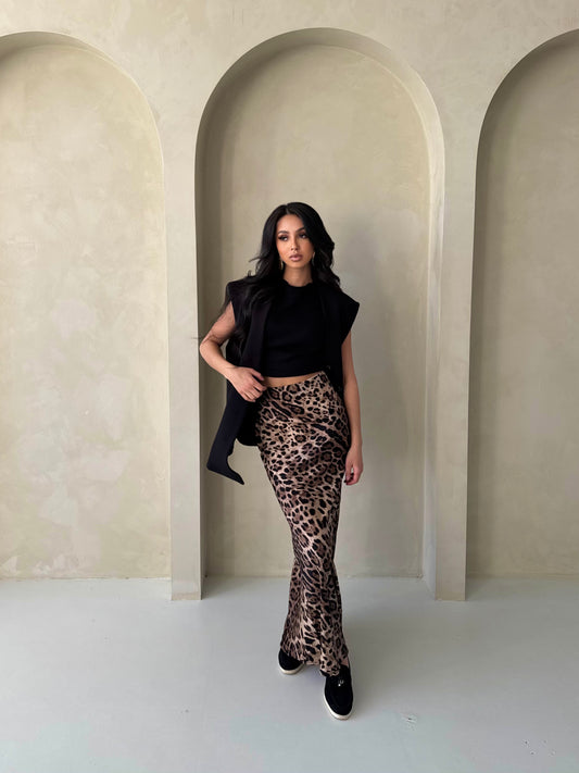 Satin Leopard Maxi Skirt