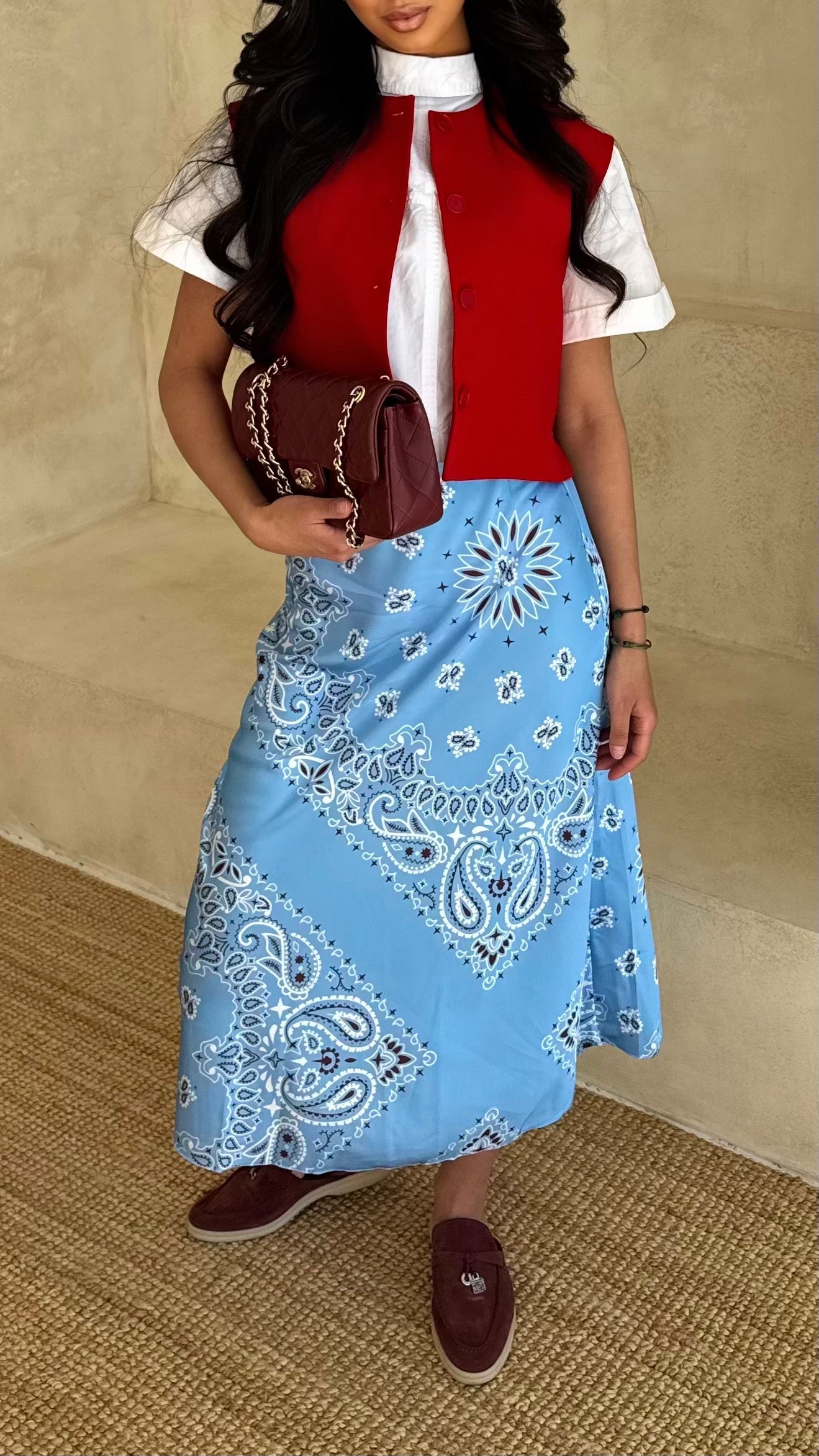 Blue Bandana Satin Midi Skirt